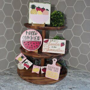 Handmade Tiered Tray Decor Squeeze The Day, 7 Pieces Summer, Fruit, Pink